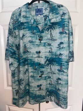 Margaritaville Teal & Aqua Tropical Print Short Sleeve Button-Down silk Shirt